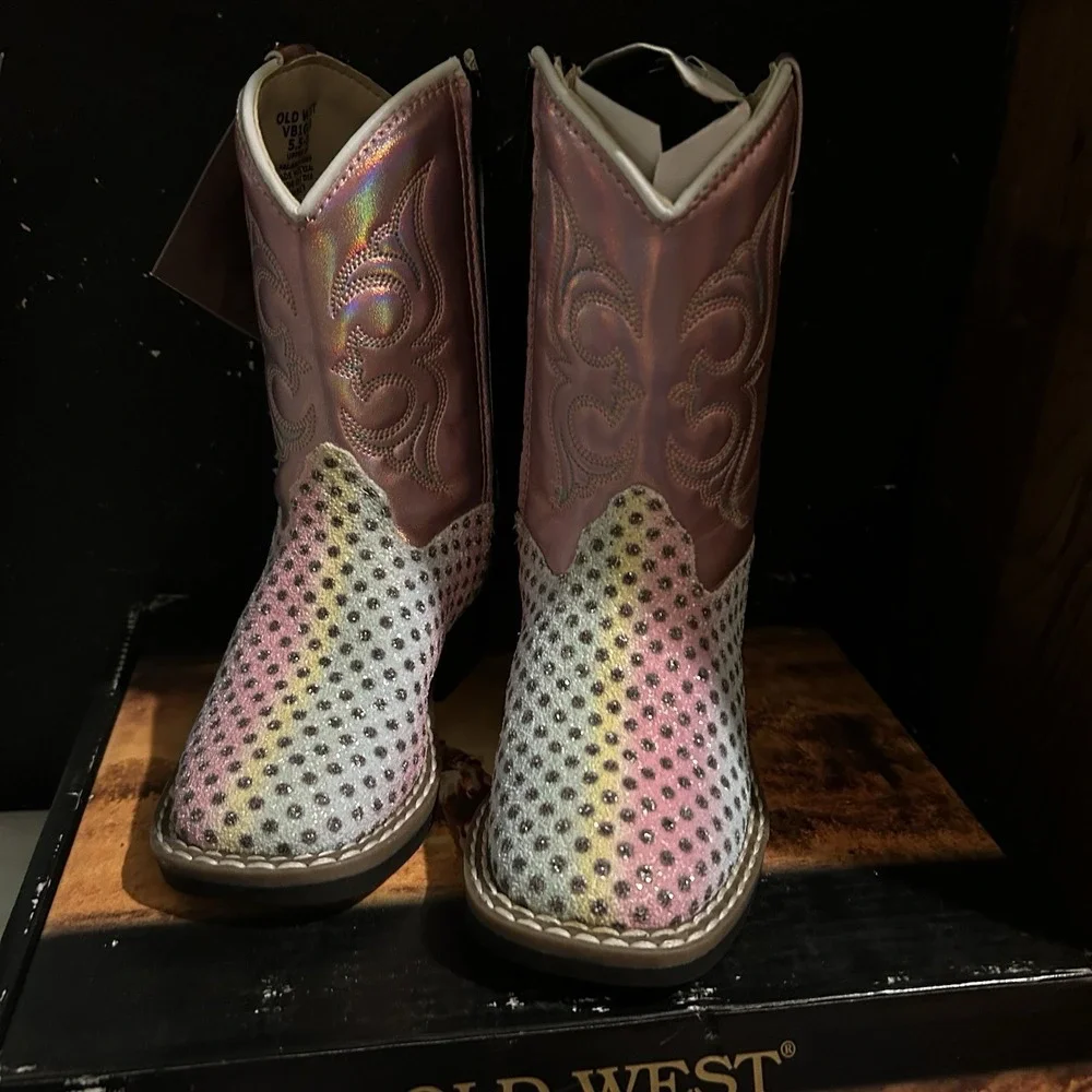 Old West Toddler‎ Girls Square Toe Pink Multi Faux Leather Cowboy Boots Sz 6